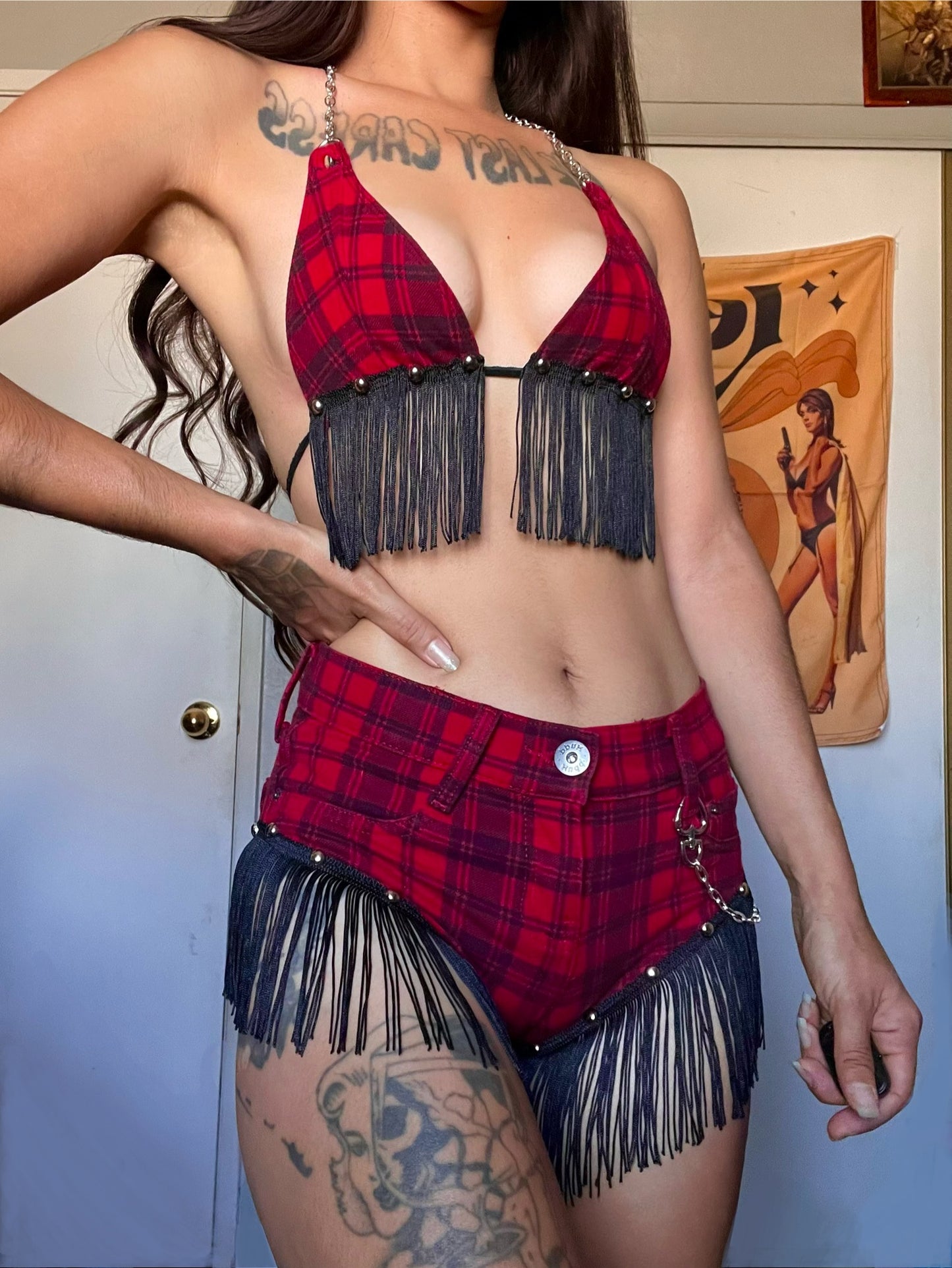 Red Plaid & Fringe Two Piece