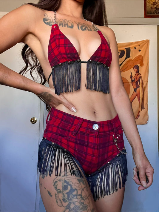 Red Plaid & Fringe Two Piece