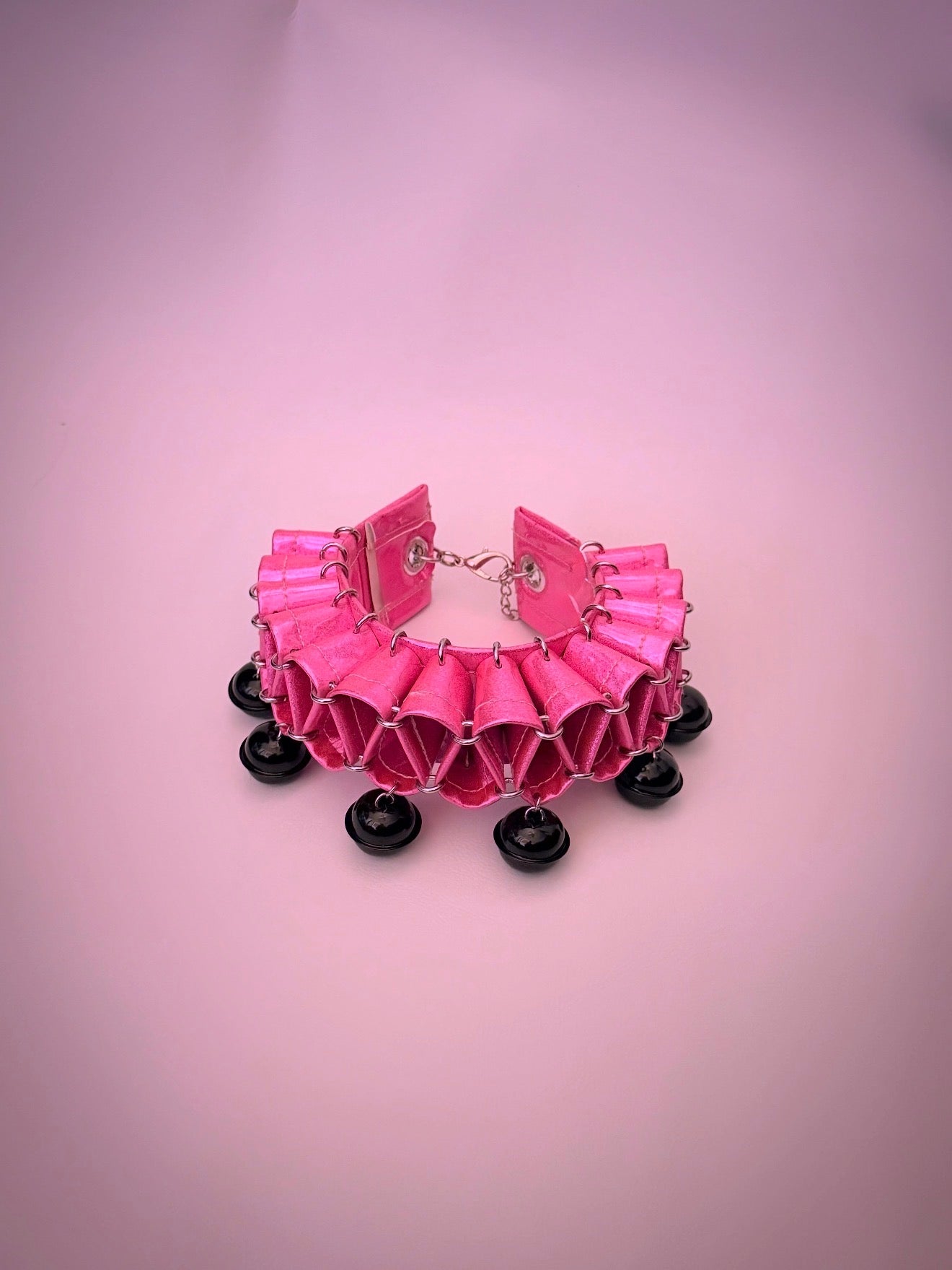 Glitter Pink PVC Clown Collar Black Bells